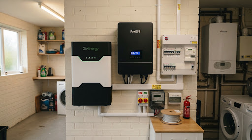 A home battery and hybrid inverter fitted on a garage wall