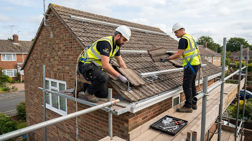 Two solar engineers in safety harnesses on scaffolding fitting panels to a concrete-tile roof