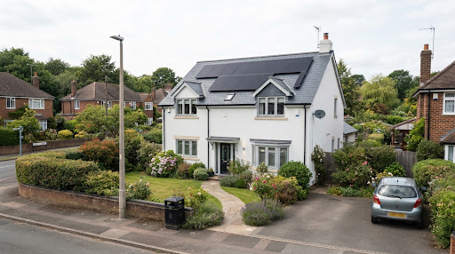 White-rendered UK detached house with 14 black solar panels on slate roof