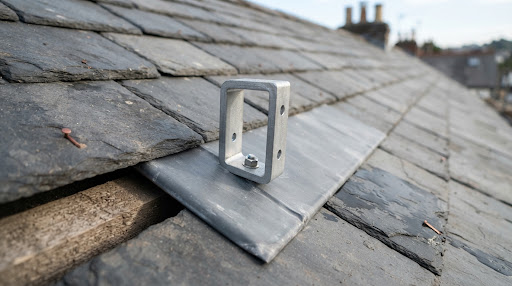 Close-up of aluminium roof hook fitted on grey slate roof